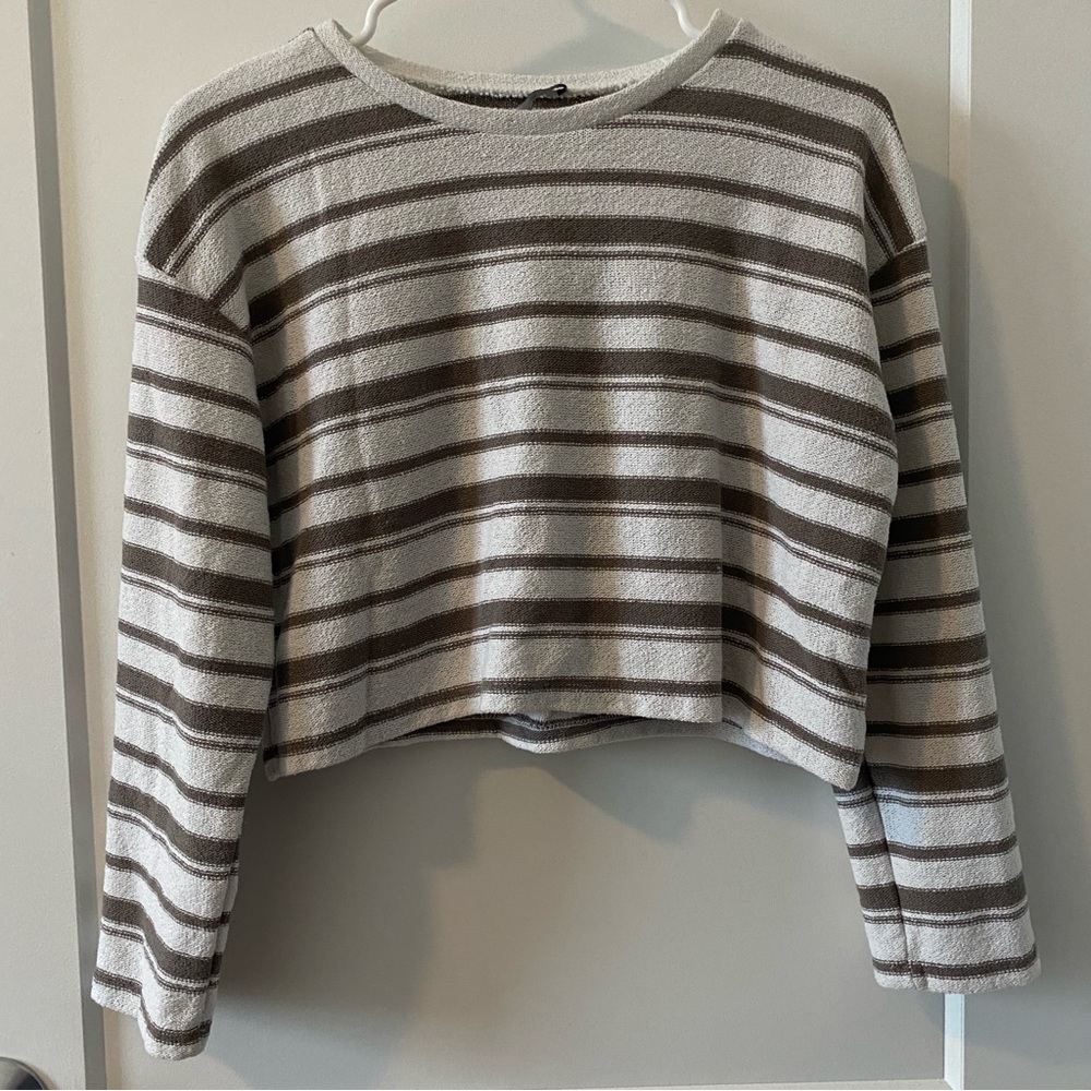 Zara Brown and White Striped Knit Top Cropped
